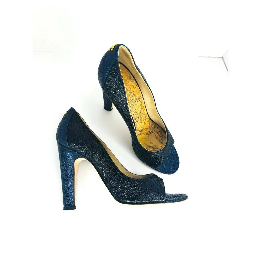 Chanel 2012 Metallic Navy CC Logo Embossed Peep Toe Heels EU 36